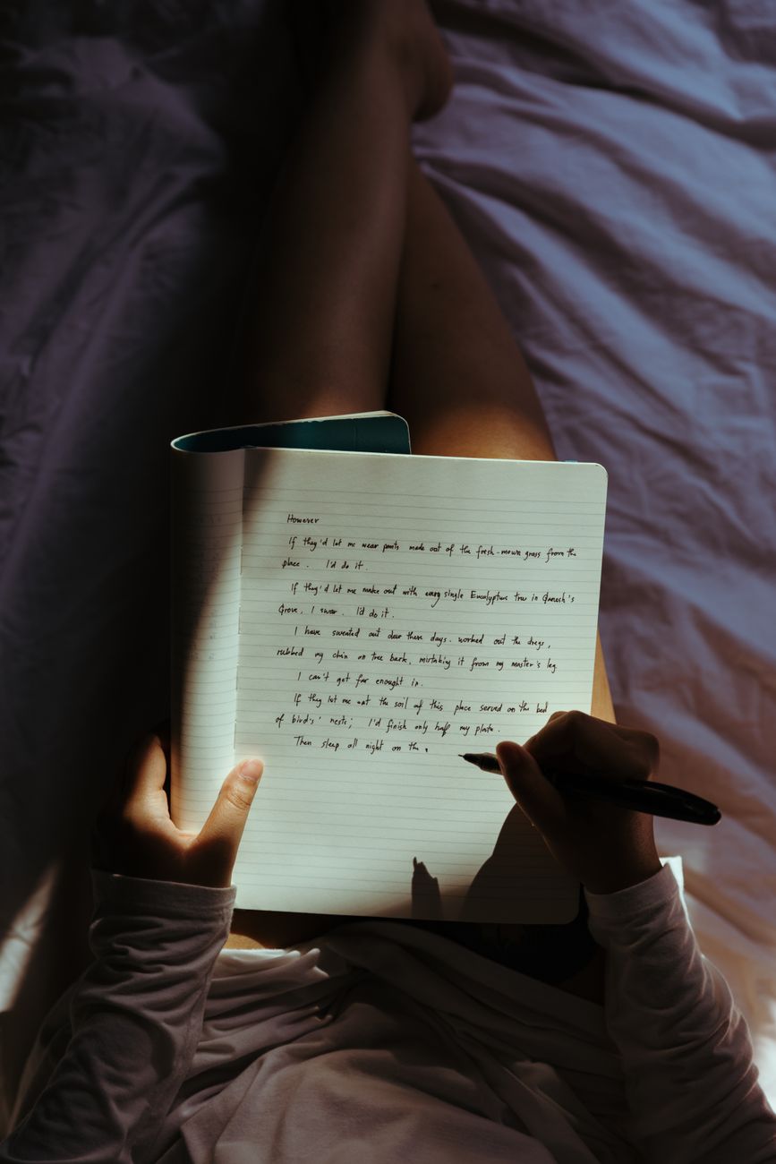 Writer taking notes in quiet mountain studio looking over misty pine forest